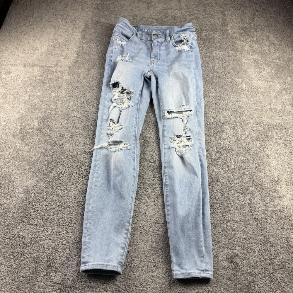 American Eagle Stretch Curvy Jegging Womens 00 S‎ Blue Mid Rise Distressed